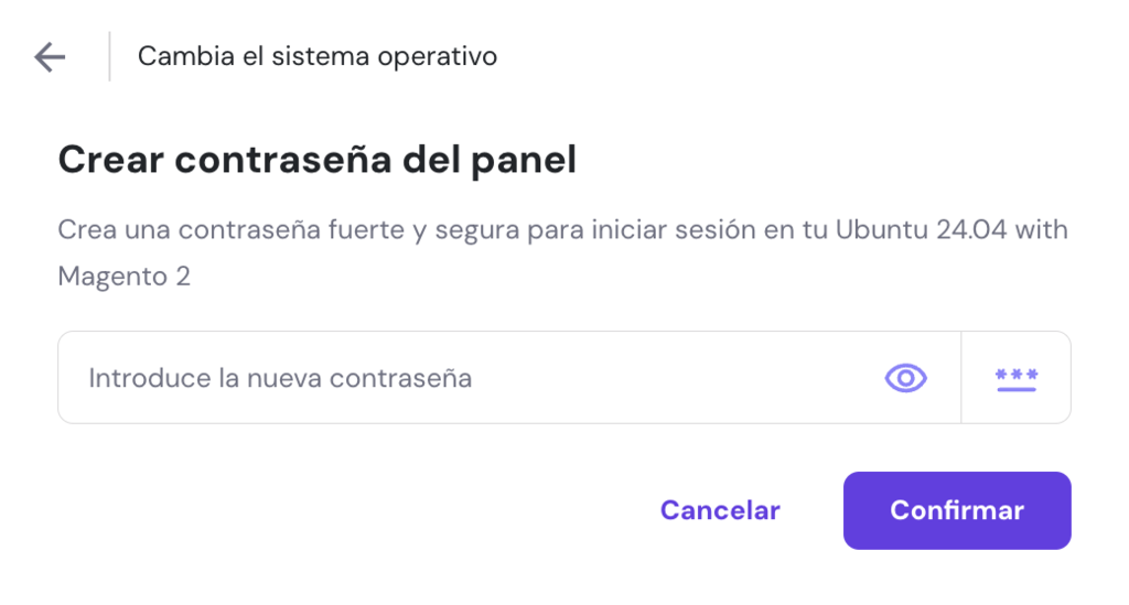 Ventana para crear contraseña en hPanel