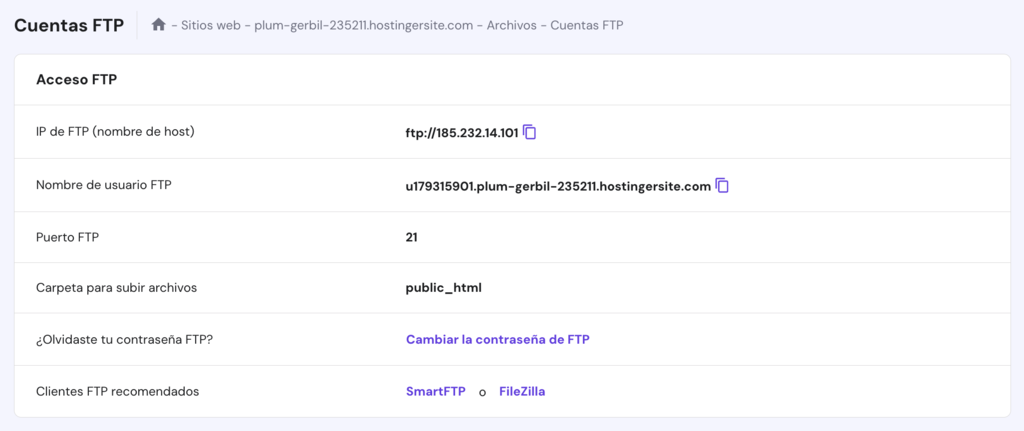 Sección de cuentas FTP en hPanel