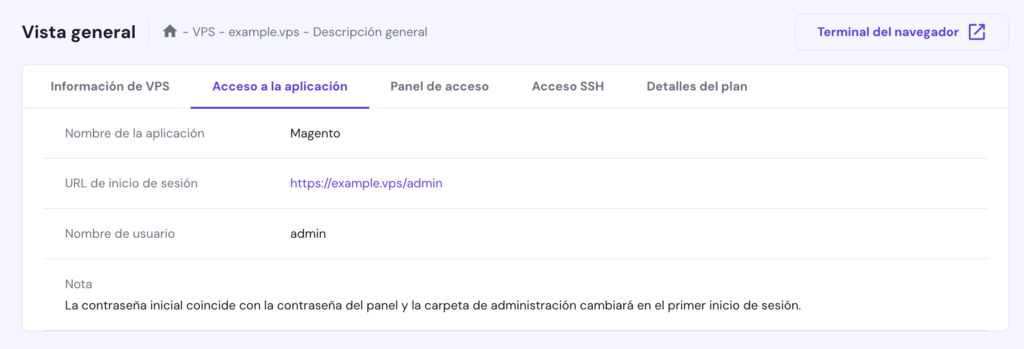 Sección de Acceso a la aplicación de hPanel