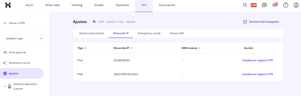 Ajustes del VPS en hPanel