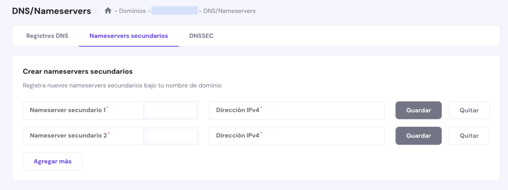 Sección de DNS de hPanel