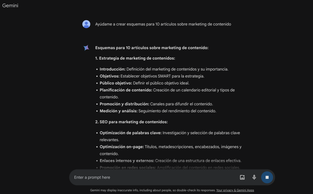 Ejemplo de prompt en Gemini