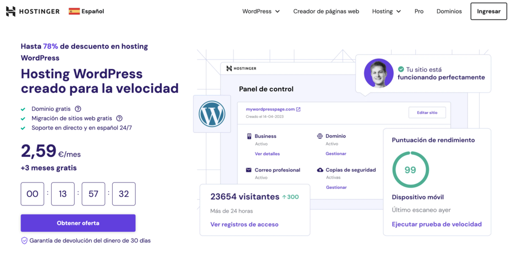 Sitio web del hosting WordPress de Hostinger