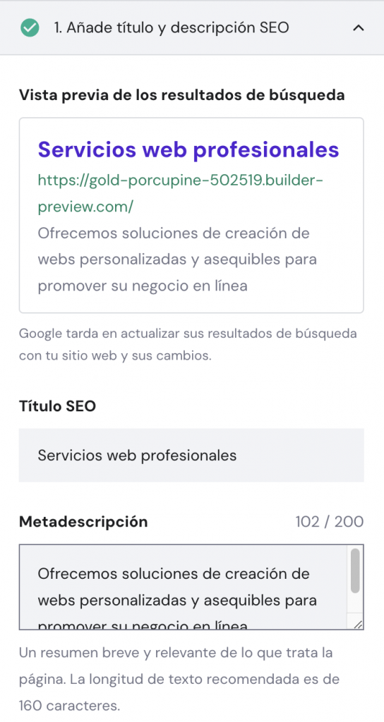 Sección de SEO del creador de sitios web de Hostinger