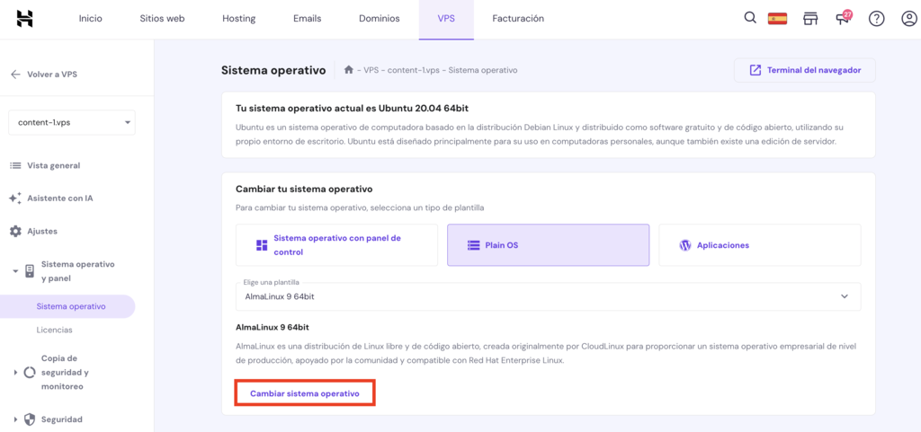 Sistema operativo de hPanel