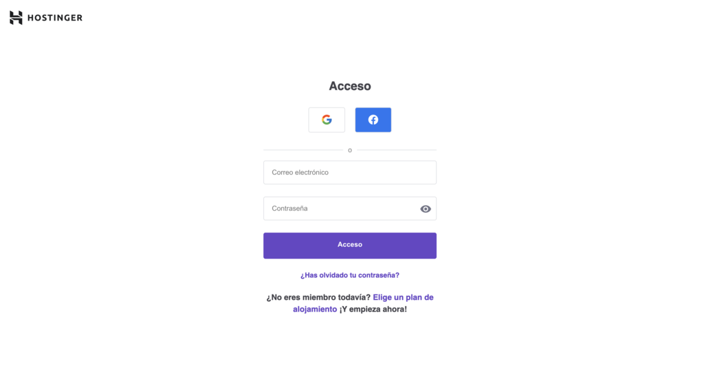 Página de acceso a hPanel