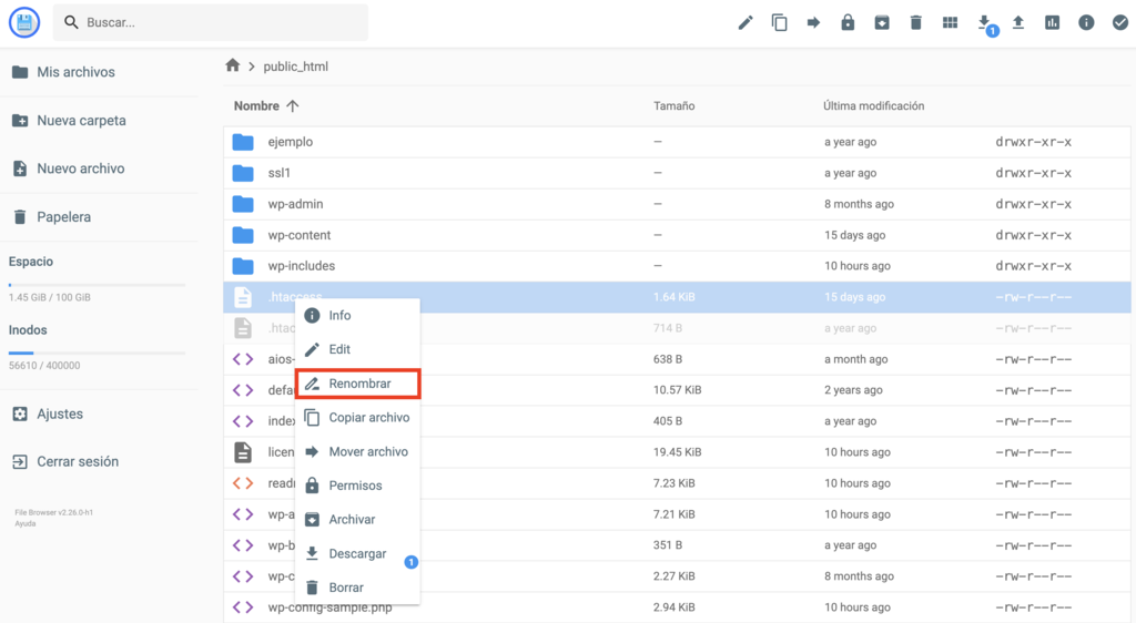 Opción Renombrar del Administrador de archivos de Hostinger