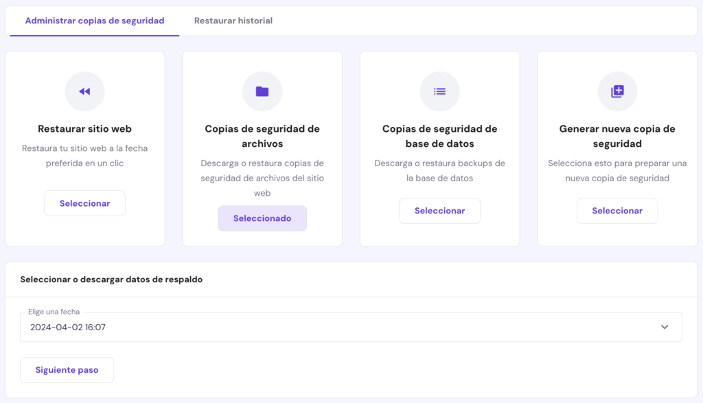 Sección de copias de seguridad de hPanel
