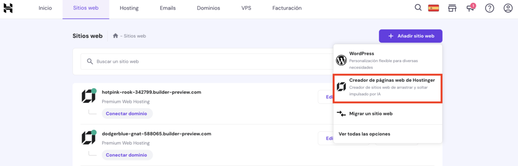 Opción para añadir un sitio web en hPanel