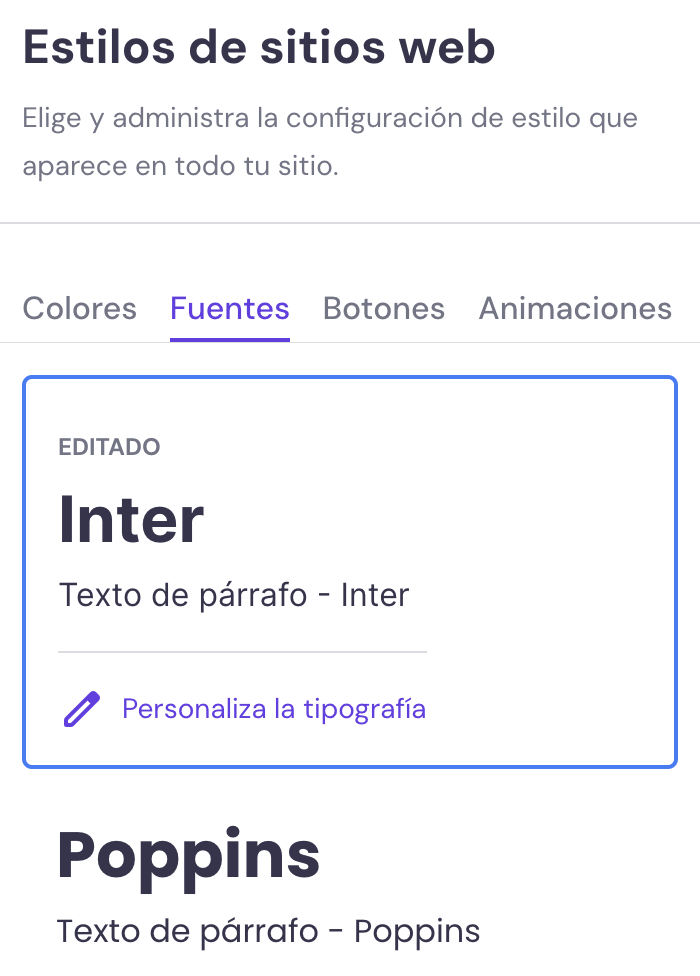 Menú de Estilos de sitios web del Creador de Hostinger