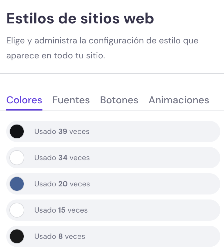 Menú de Estilos de sitios web del Creador de Hostinger