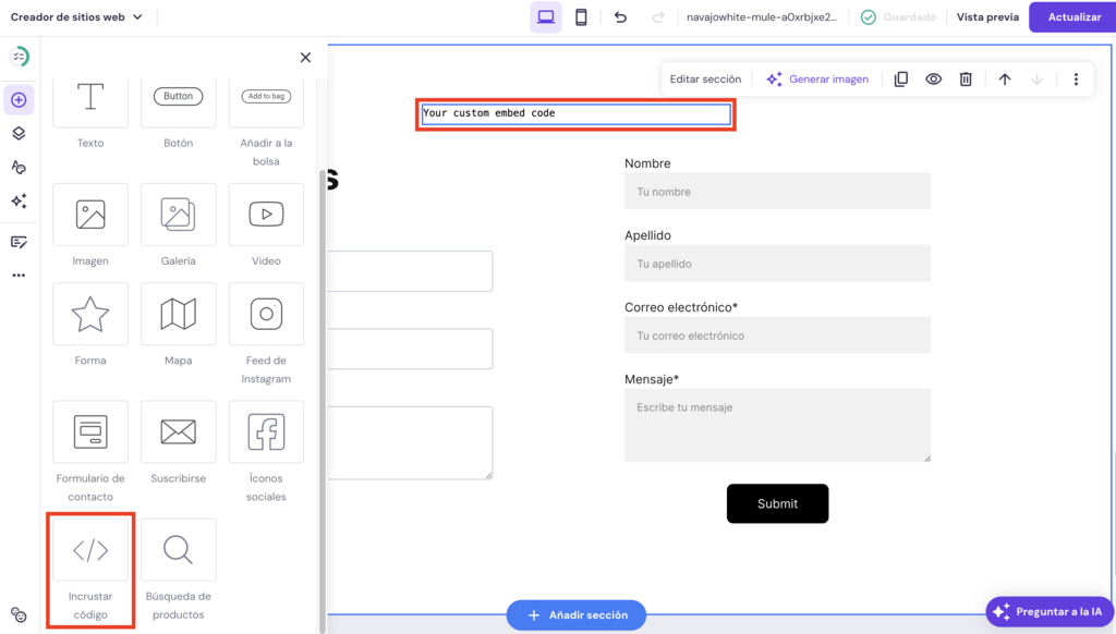 Opción de Incrustar código en el Creador de Hostinger