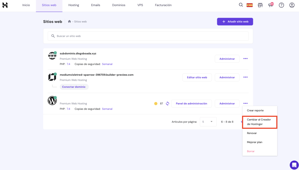 Opción Cambiar al Creador de Hostinger de hPanel