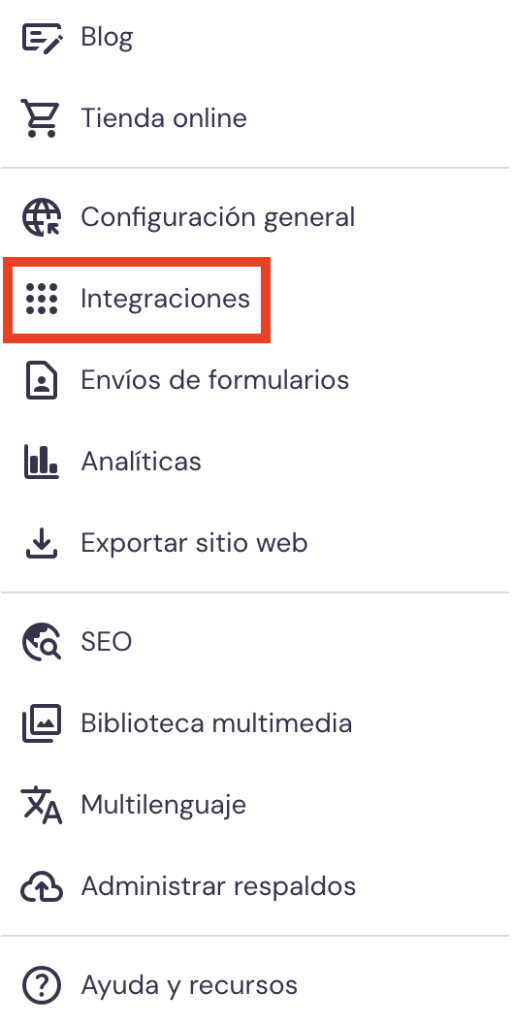 Opción de Integraciones del Creador web de Hostinger