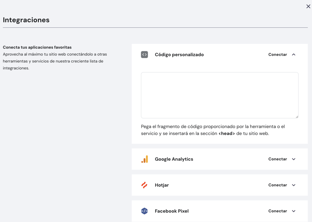 Sección de Integraciones del Creador de sitios web de Hostinger