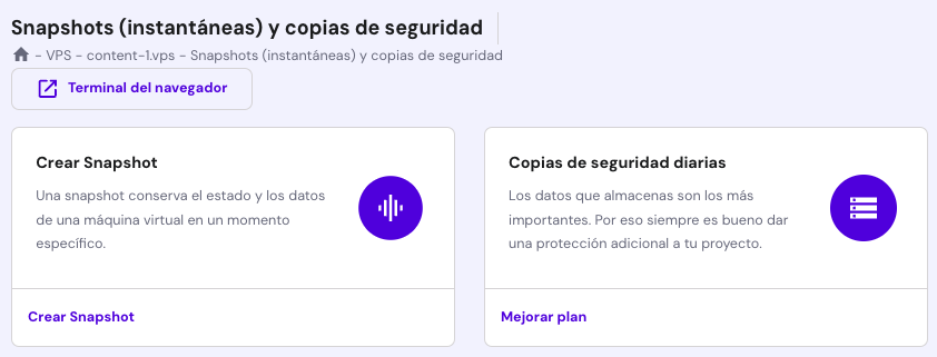 Sección de Snapshots en hPanel