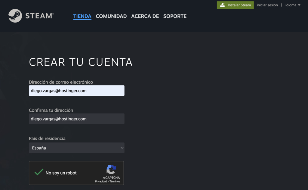 Crear una cuenta en Steam