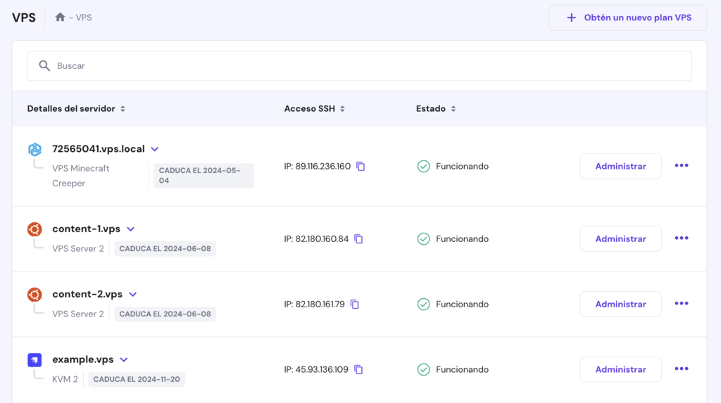 Sección de VPS de hPanel