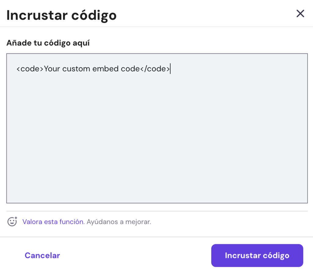 Ventana de Incrustar código en el Creador de Hostinger