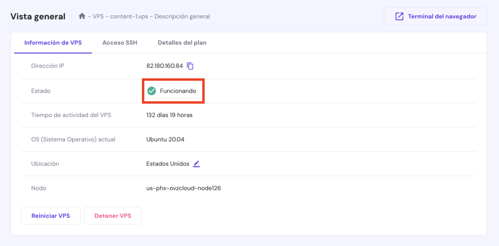 Vista general del VPS de hPanel
