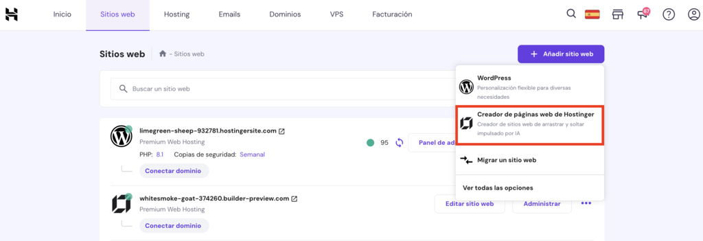 Botón del Creador de páginas web de Hostinger