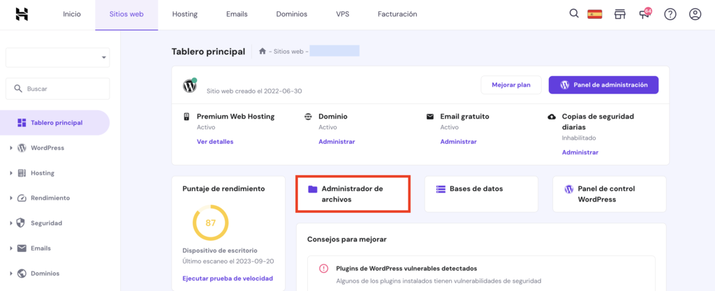 Administrador de archivos en hPanel