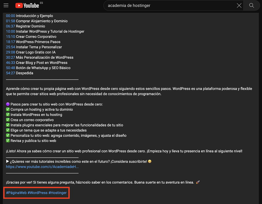 Ejemplo de etiquetas en la Academia de Hostinger en YouTube