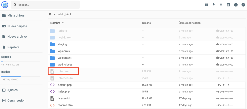 Archivo .htaccess del Administrador de archivos de Hostinger