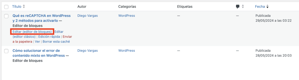 Botón de Editar entrada en WordPress