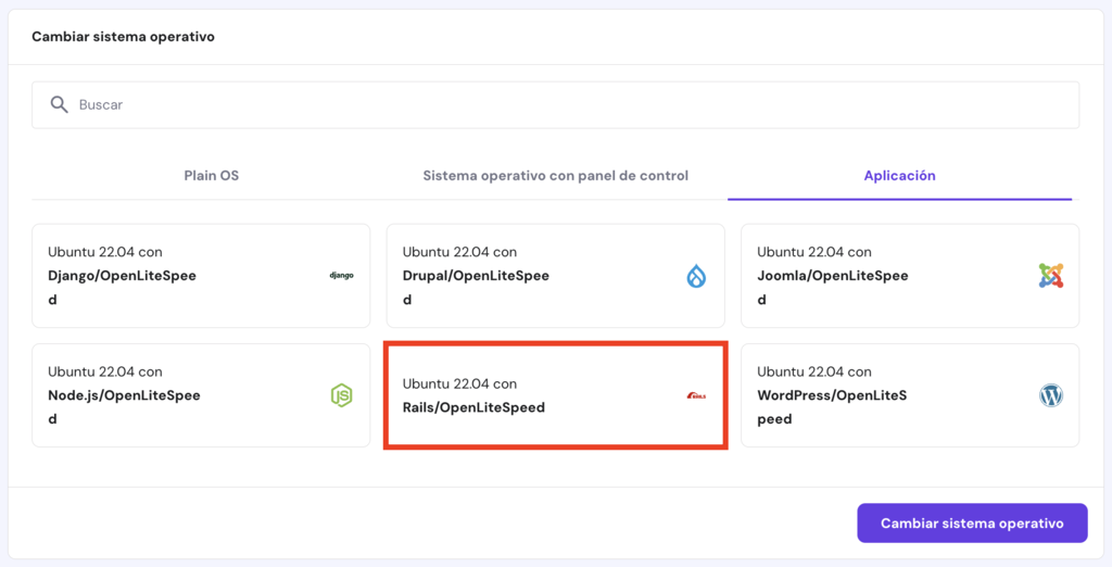 Sección de cambio de SO en hPanel