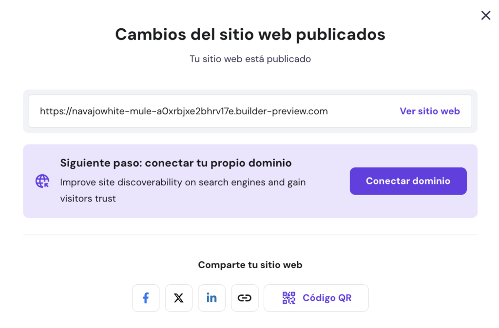 Mensaje de cambios hechos en el Creador web de Hostinger