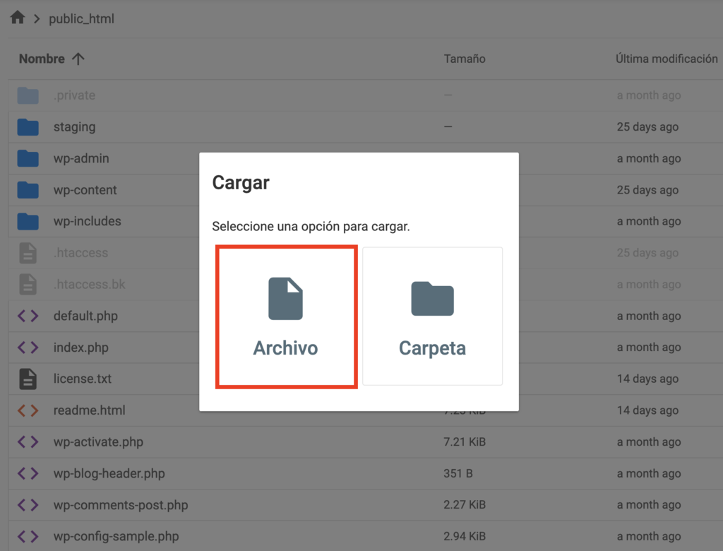 Cargar archivos en el Administrador de archivos de Hostinger