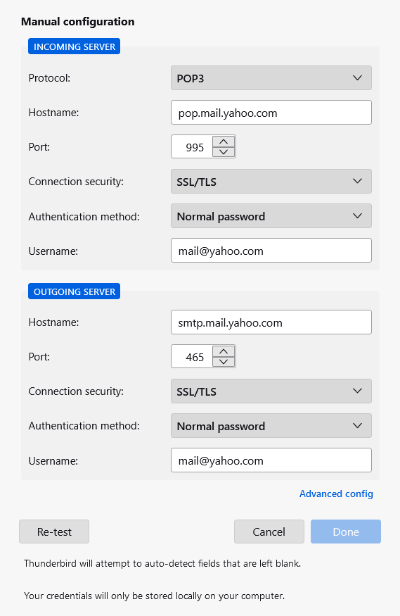 Configuración manual de yahoo