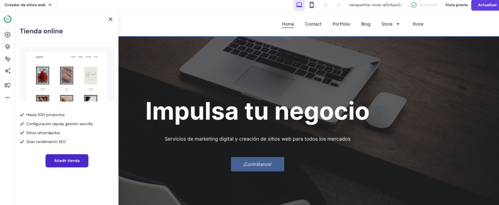 Opción de Tienda online del Creador web de Hostinger