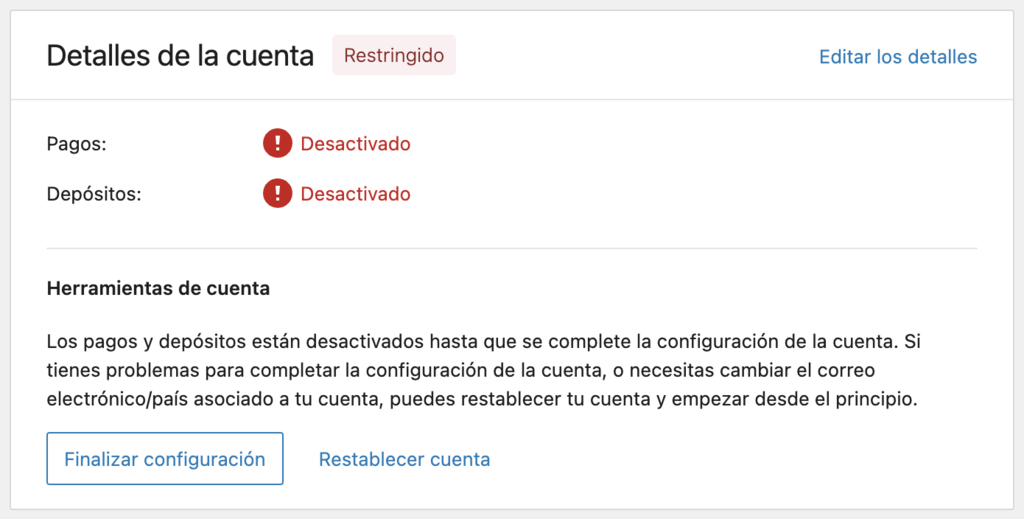 Detalles de la cuenta en WooPayments