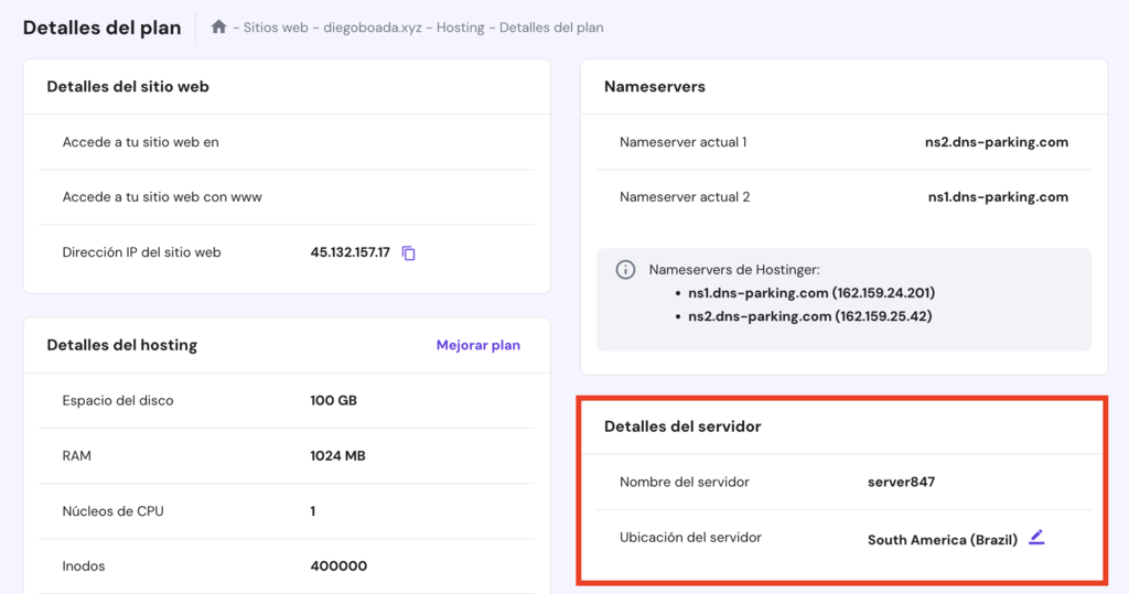 Detalles del plan de hosting en hPanel