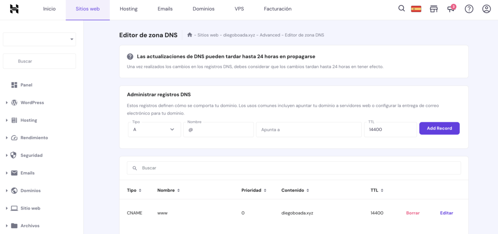 Editor de zona DNS de Hostinger