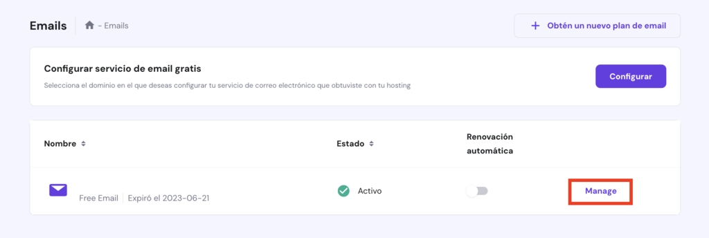 Sección Emails de hPanel