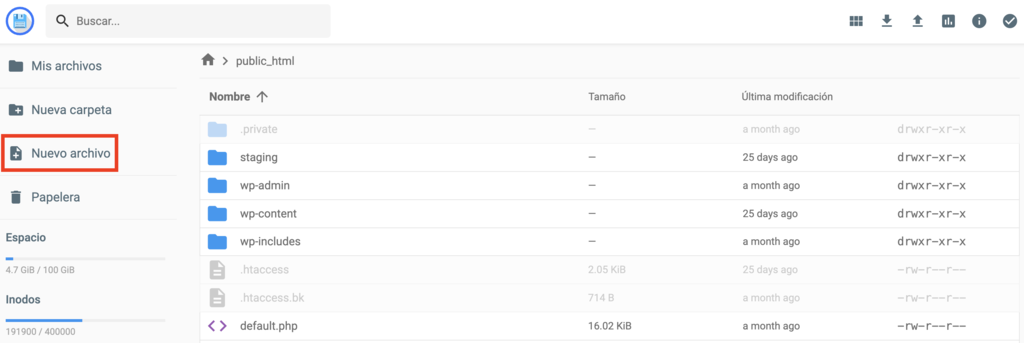 Crear nuevo archivo en el Administrador de archivos de Hostinger