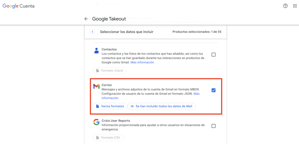 Página web de Google Takeout