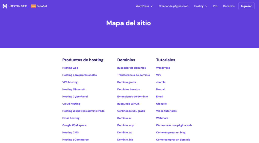 Mapa del sitio de Hostinger