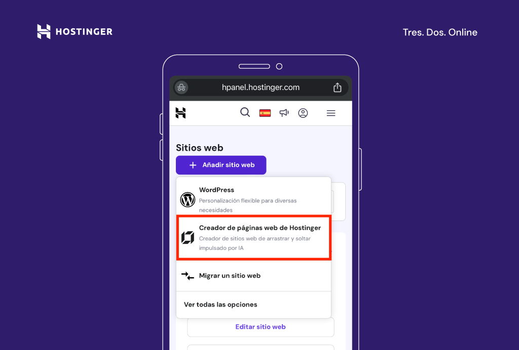 Opción Creador de páginas web de Hostinger
