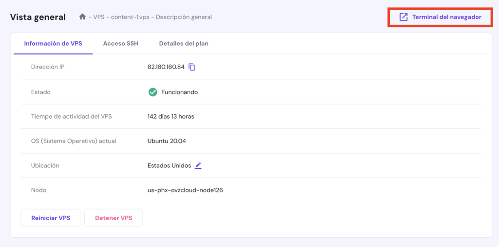 Vista general de VPS de hPanel