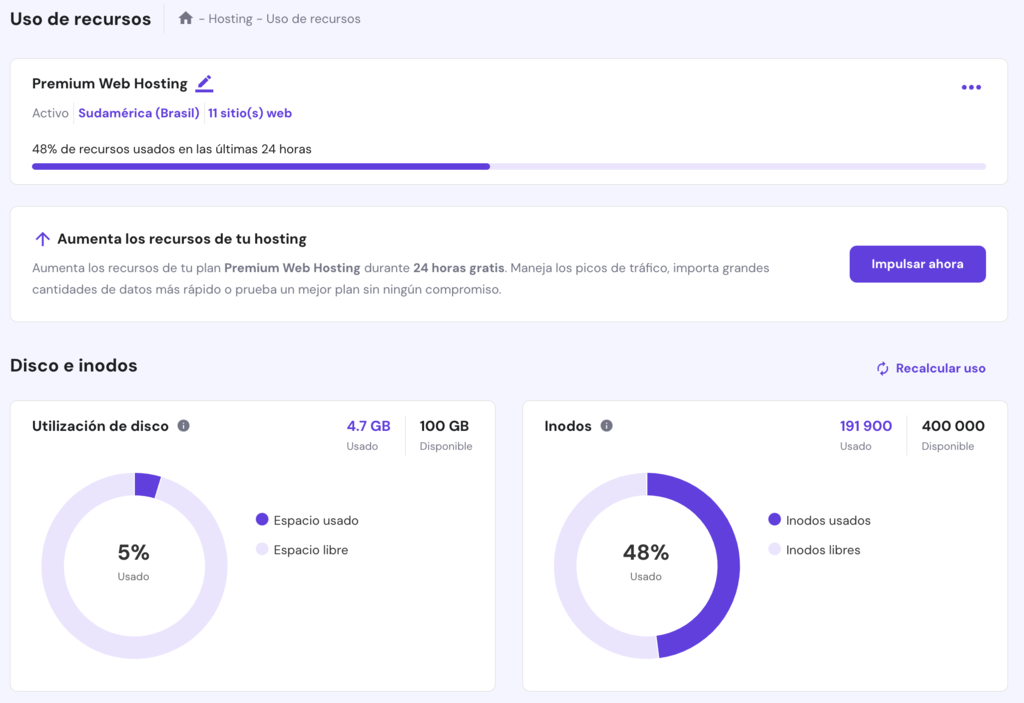 Panel de Uso de recursos de hPanel