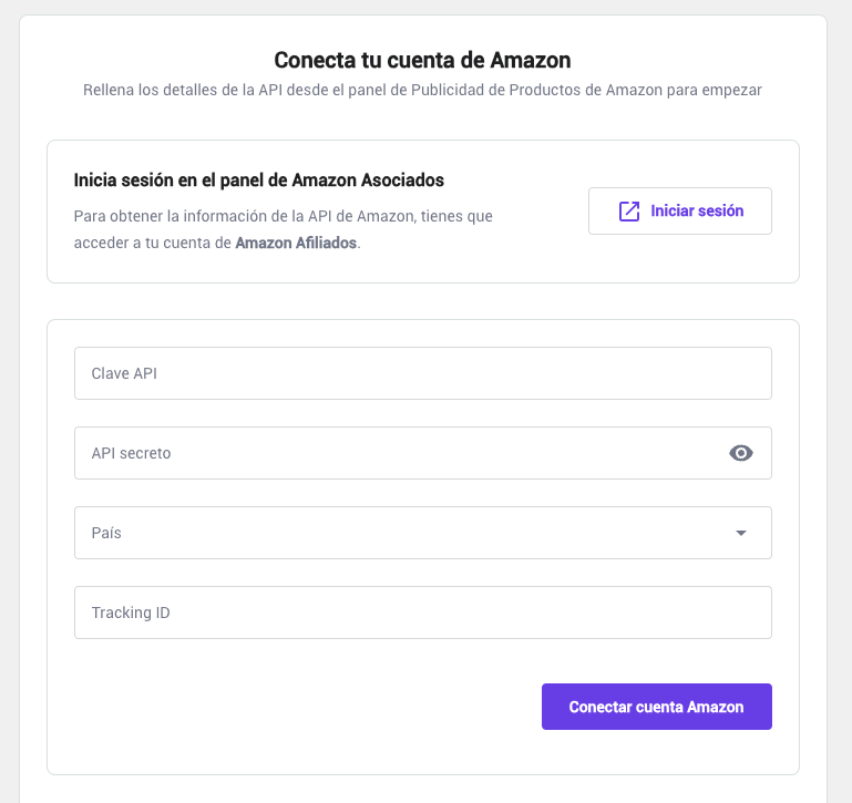 Formulario para conectar cuenta de Amazon en Hostinger