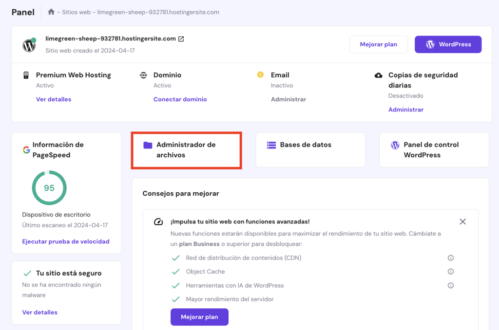 Panel de control hPanel