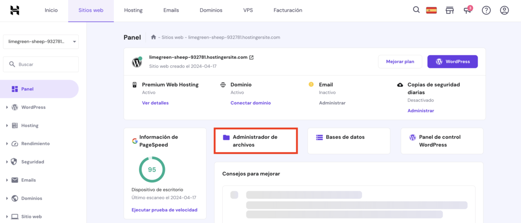 hPanel de Hostinger