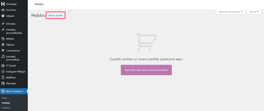 Opción Añadir pedido de WooCommerce