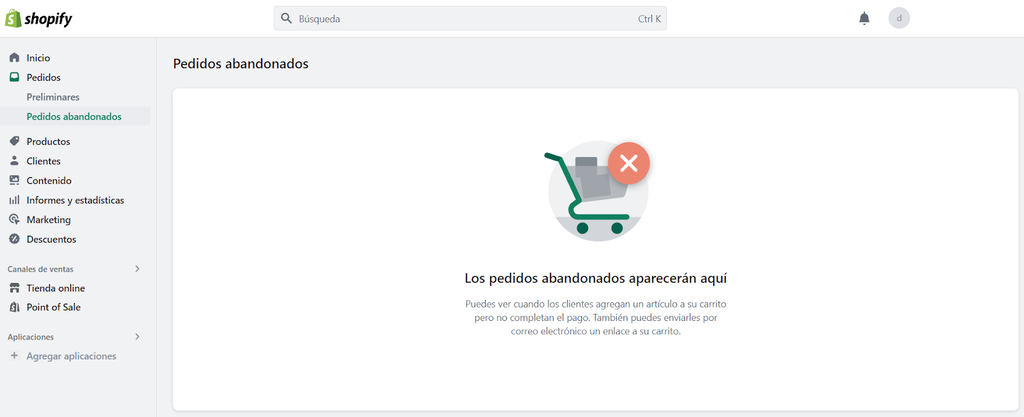 Sección Pedidos abandonados de Shopify