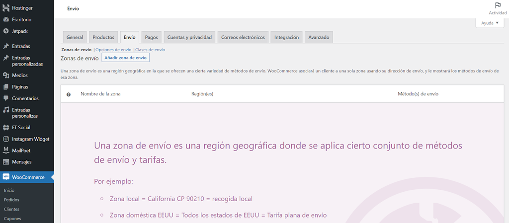 Sección de Envíos de WooCommerce
